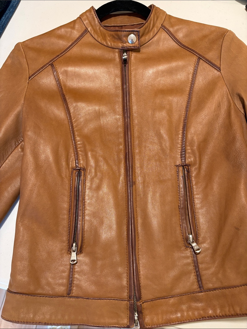 Women’s Tan Leather Zip-Front Jacket